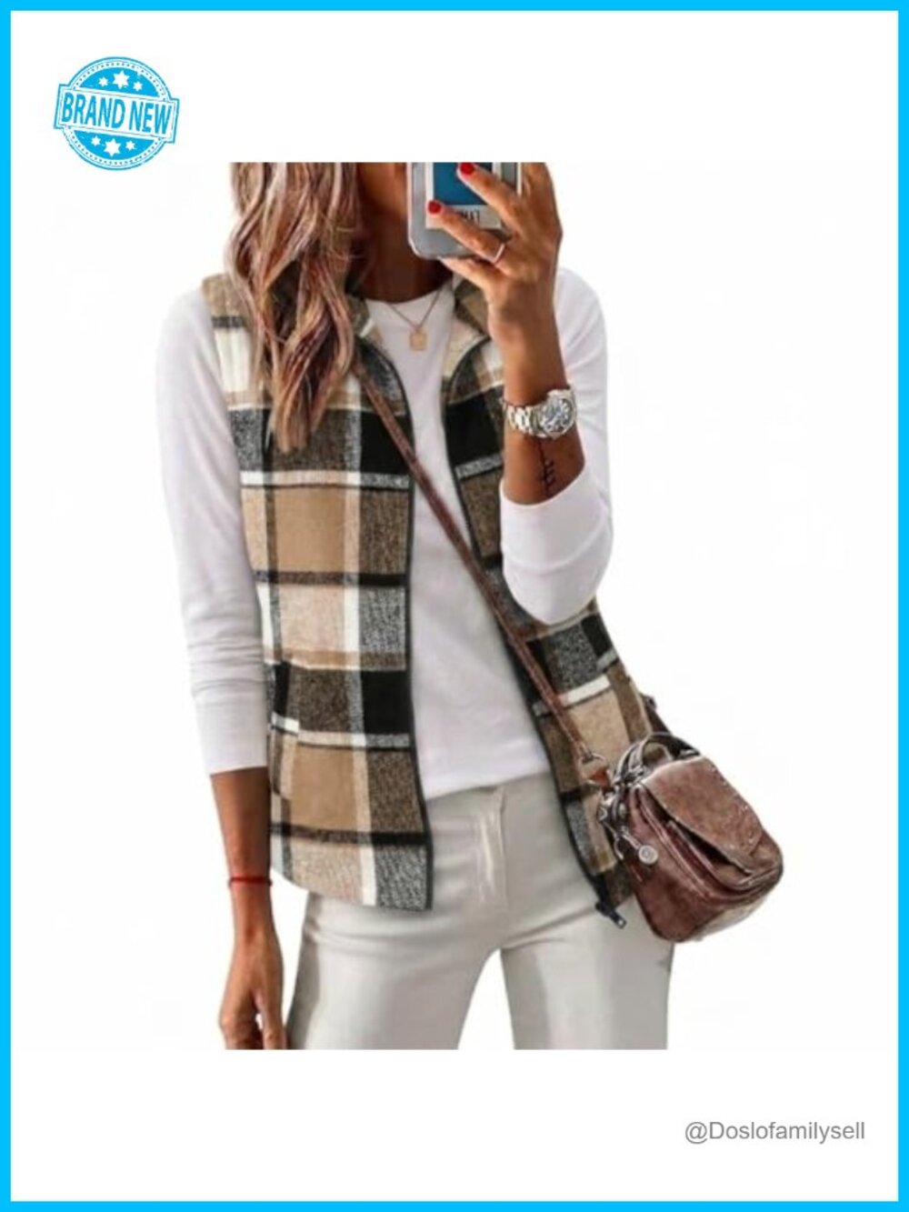 Womens Wool Plaid Vest Zip Up Sleeveless Jacket Fall Winter Layer